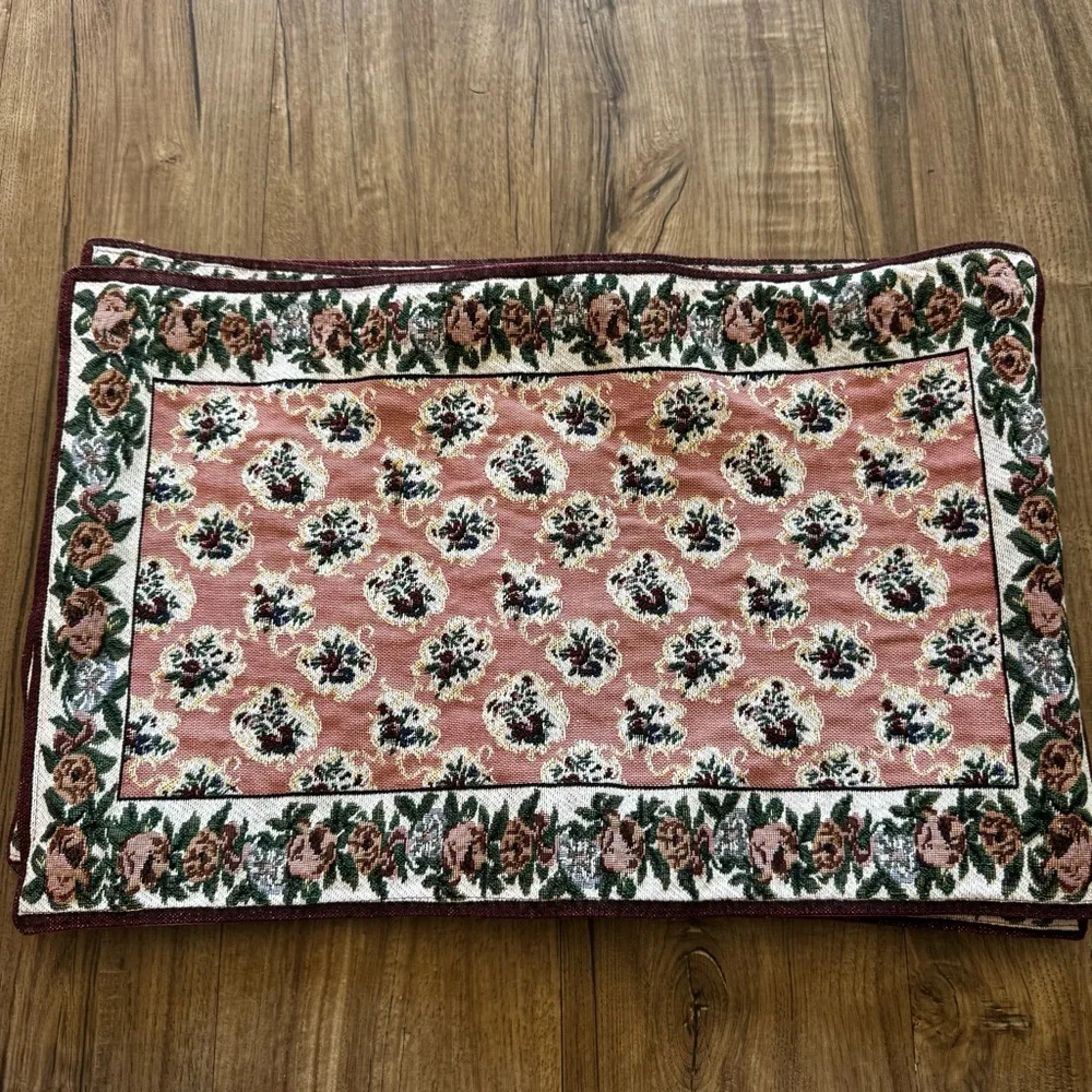 Vintage tapestry place mats set of 4 floral burgundy green cottage core